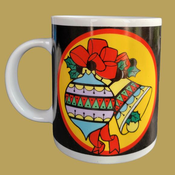 Vintage 1990s Post Modern Christmas Mug with Black Band and Bold Graphics - Picture 1 of 4
